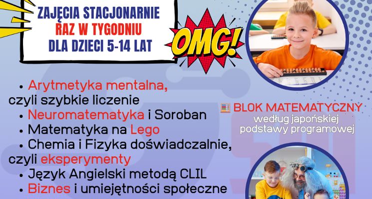 Plakat Bezpłatna lekcja pokazowa dla dzieci w wieku od 5 do 10 lat w Superminds Academy