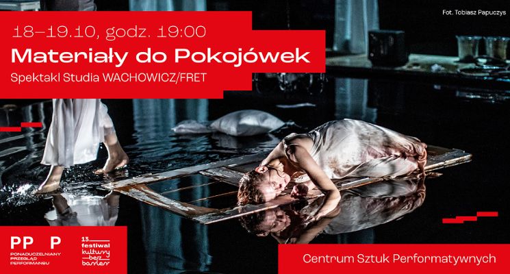 Plakat „Materiały do pokojówek” – spektakl Studia WACHOWICZ/FRET