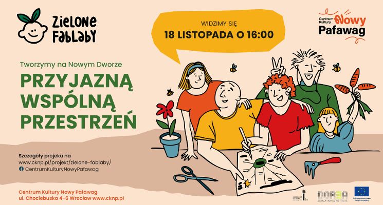 Plakat Spotkanie sąsiedzkie - Zielone Fablaby - Tworzymy wspólną przyjazną przestrzeń na Nowym Dworze