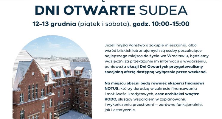 Plakat Świąteczne Dni Otwarte apartamentów SUDEA