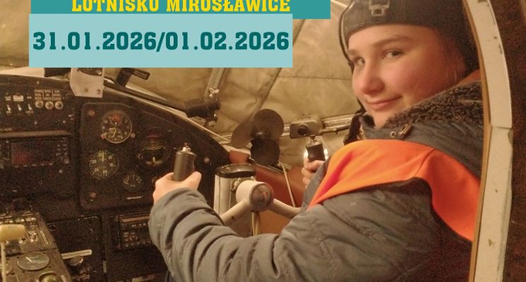 Plakat Rodzinna wycieczka edukacyjna dla dzieci wraz z rodzicami na podwrocławskim lotnisku Mirosławice