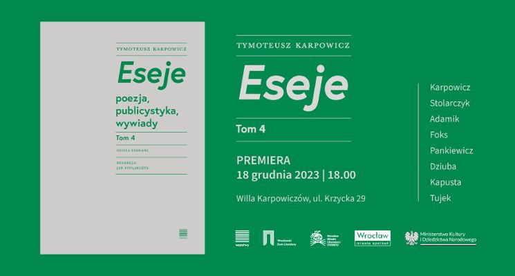Plakat „Eseje. T. 4” Tymoteusza Karpowicza – premiera książki