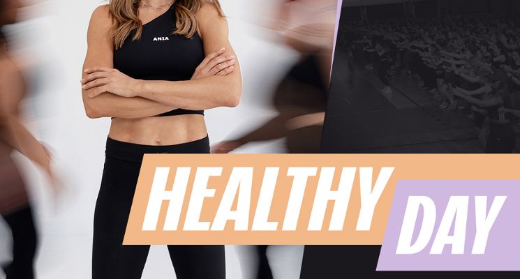 Plakat Healthy Day z Anną Lewandowską w KGHM Ślęza Arena