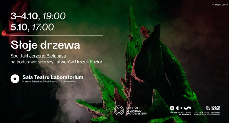 Plakat "Słoje drzewa" - spektakl Jerzego Bielunasa na podstawie wierszy i utworów Urszuli Kozioł