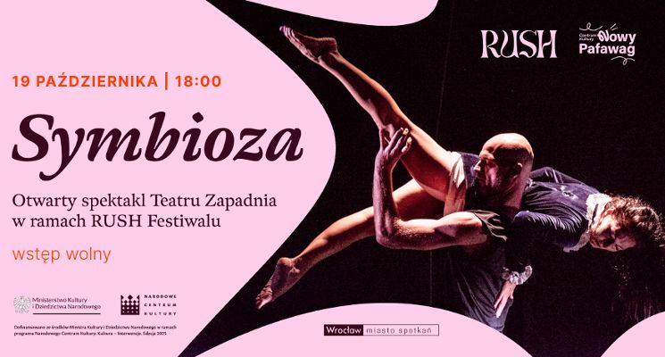 Plakat Otwarty spektakl „Symbioza” Teatru Zapadnia w ramach RUSH Festiwalu