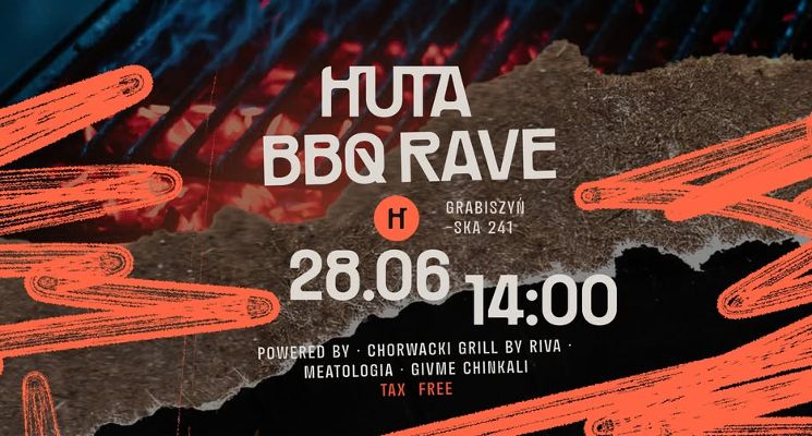 Plakat BBQ Rave w Hucie – grill, muzyka i lato w pełni