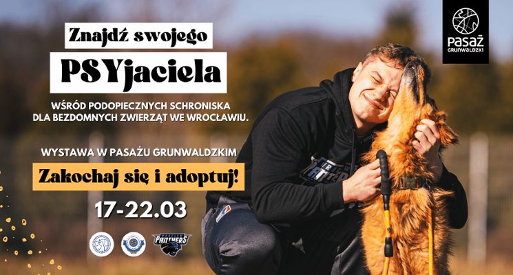 Plakat Znajdź PSYjaciela w schronisku TOZ - wystawa zdjęć piesków do adopcji w Pasażu Grunwaldzkim
