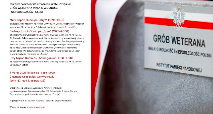 Plakat W Dzień Kobiet uroczyście oznaczymy grób trzech weteranek