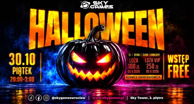 Plakat Halloween Party w Sky Games — wstęp wolny