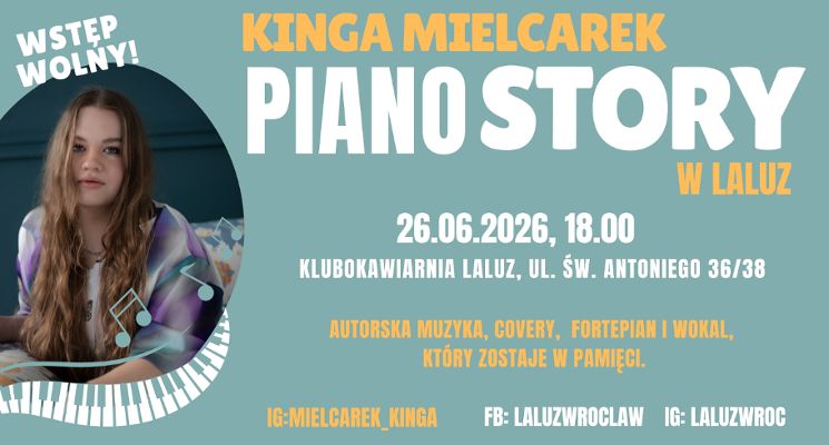 Plakat Piano Story - koncert Kingi Mielcarek w Klubokawiarni LaLuz
