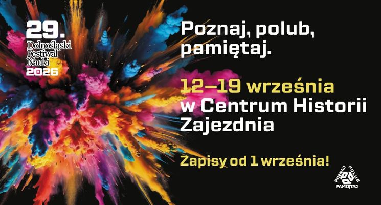 Plakat Oprowadzania po wystawie w Centrum Historii Zajezdnia na Dolnośląskim Festiwalu Nauki