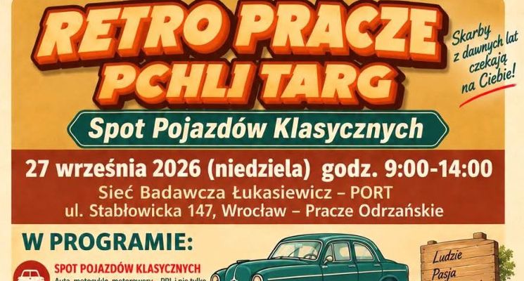 Plakat Retro Pracze - Pchli Targ i Spot Pojazdów Klasycznych