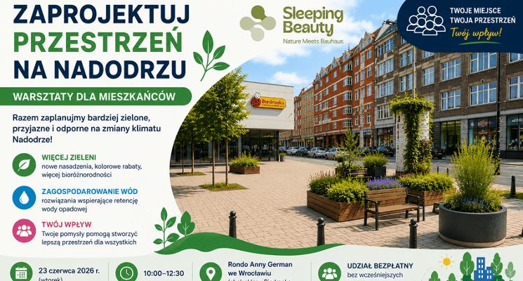 Plakat Bezpłatne warsztaty projektu Sleeping Beauty - zaprojektuj przestrzeń na Nadodrzu