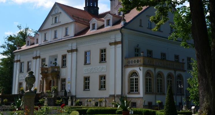 Plakat Rezydencje szlacheckie Dolnego Śląska, zespoły parkowo-pałacowe. Prelekcja multimedialna