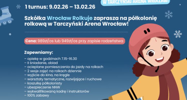 Plakat Zimowa półkolonia rolkowa 2026 Wrocław Rolkuje