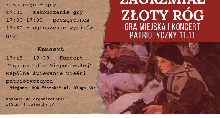Plakat Harcerska Rodzinna Gra Miejska i Koncert Patriotyczny - 11.11 na "Zatoce"