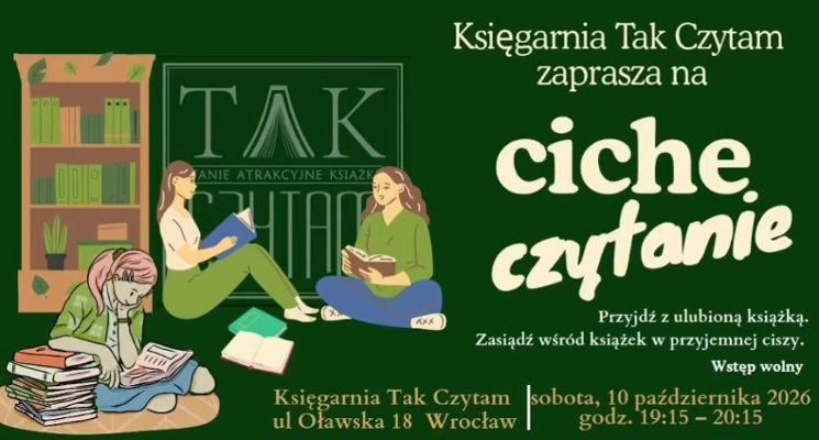 Plakat „Ciche czytanie” w księgarni Tak Czytam