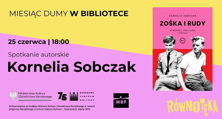 Plakat Spotkanie autorskie z Kornelią Sobczak o książce „Zośka i Rudy. Opowieść o miłości, przyjaźni i Polsce”.