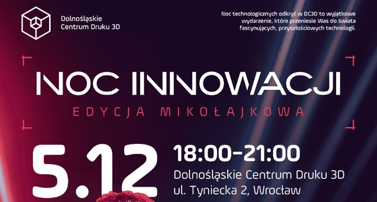 Plakat Mikołajkowa Noc Innowacji 2025 w Dolnośląskim Centrum Druku 3D