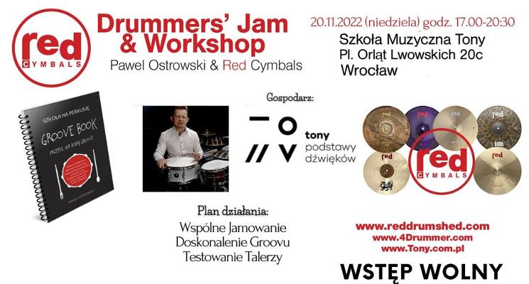 Plakat Drummers' Jam & Workshop – Jam + Warsztaty Perkusyjne z RedCymbals