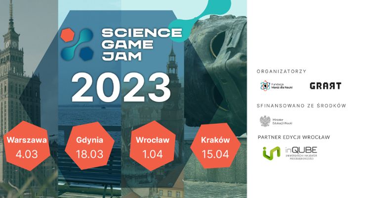 Plakat Science Game Jam 2023 - stwórz własną naukową grę planszową
