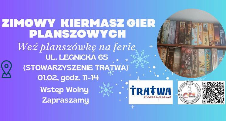 Plakat Zimowy kiermasz gier planszowych. Weź planszówkę na ferie