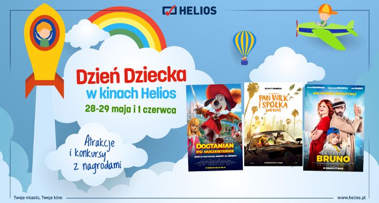 Plakat Dzień Dziecka w kinach Helios Wrocław Magnolia Park i Helios Wrocław Aleja Bielany