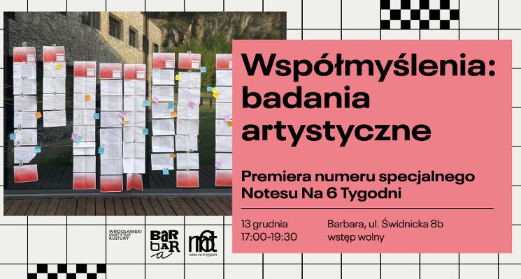 Plakat Współmyślenia: badania artystyczne Premiera numeru specjalnego Notesu na 6 Tygodni