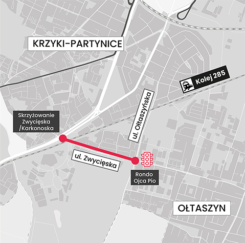 Mapa przedstawia ul. Zwycięską wraz z punktami zapalnymi - skrzyżowaniem z al. Karkonoską i rondem ojca Pio