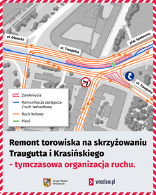 Mapa przedstawia zmiany w komunikacji związane z remontem na skrzyżowaniu Traugutta z Krasińskiego