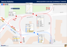 Mapa przedstawia układ przystanków w rejonie pl. Powstańców Wielkopolskich