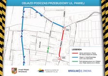 Mapa przedstawia trasę objazdu zamkniętej na czas remontu ulicy Pawiej