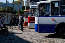 <p>Dzień Otwarty Zajezdni Popowice w 2025 roku, zabytkowe autobusy zaparkowane przed halą dawnej zajezdni.</p>