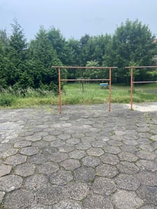 Dwa trzepaki do dywanów na tle zieleni. Przed trzepakami widać wykrzywiony przez lata chodnik.