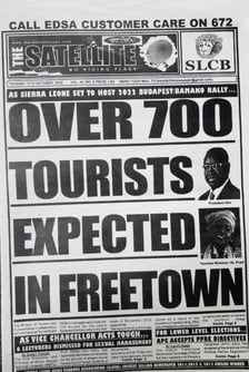 Pierwsza strona gazety The Satellite, wychodzącej w mieście Freetown, stolicy Sierra Leone informuje o nadchodzącym rajdzie Budapeszt-Bamako.