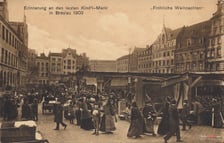 Rok 1903. Ostatni jarmark bożonarodzeniowy w przedwojennym Wrocławiu. Na zdjęciu widać jarmarczne kramy i mieszkańców Breslau