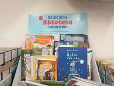 Tekturowy regał wystawienniczy z widocznym logo Dziecięcej Biblioteki