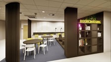 <p class="MsoNormal">Strefa work &amp; chillout będzie podzielona na trzy części:&nbsp;<strong>miejsce do nauki&nbsp;</strong>(będą tu&nbsp;długi blat roboczy z gniazdkami elektrycznymi, krzesła, lampy biurowe);&nbsp;<strong>miejsce do siedzenia</strong>&nbsp;(będą tu stoły i krzesła);&nbsp;<strong>miejsce do relaksu</strong>&nbsp;(będą tu pufy i wygodna kanapa).</p>