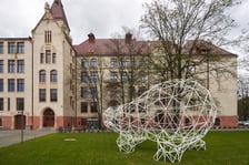 <p>Instalacja z plastikowych rurek, kt&oacute;ra przypomina figurę niedźwiedzia. Z tyłu budynek Wydziału Architektury na Politechnice Wrocławskiej przy ul. Prusa&nbsp;</p>