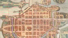 Fragment planu Wrocławia z 1562 r., planu Weihnerów. Zaznaczony budynek przy ul. Szewskiej