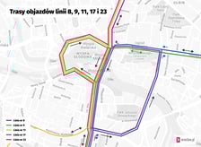 Trasy objazdów tramwajów linii 8, 9, 11, 17 i 23 spowodowanych wymianą zwrotnicy na pl. Bema.