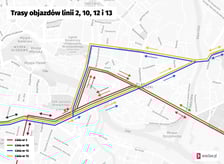Trasy objazdów tramwajów linii 2, 10, 12 i 13 spowodowanych wymianą zwrotnicy na pl. Grunwaldzkim.