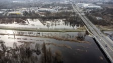 Woda z Widawy stojąca na niezabudowanych terenach we Wrocławiu (18 lutego 2024)