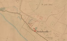 Fragment mapy z 1880 roku, na którym widać cegielnię w Bischofswalde. (Stan przed rozbudową, której rezultat widzimy na zdjęciach lotniczych z okresu międzywojennego.)