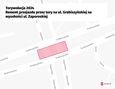 <p>Mapa przedstawia miejsce remontu przejazdu przez torowisko na ul. Grabiszyńskiej na skrzyżowaniu z Zaporoską i Szpitalną.</p>