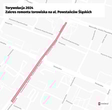 <p>Mapa przedstawia remontowany odcinek ul. Powstańc&oacute;w Śląskich i Świdnickiej.&nbsp;</p>