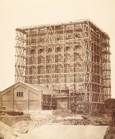 Budowa wieży ciśnień Na Grobli, widok od wschodu, rok 1869.