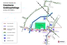 Mapa przedstawia organizację ruchu w okolicy cmentarza Grabiszyńskiego