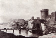 <p class="MsoNormal">Rok 1807, Brama Oławska (po prawej) i Bastion Sakwowy (w tle)</p>