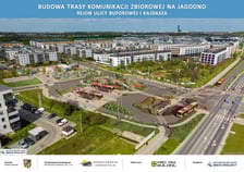 Wizualizacja przedstawia pętlę na Jagodnie, która jest w trakcie budowy. Docelowo będzie to pętla autobusowo-tramwajowa